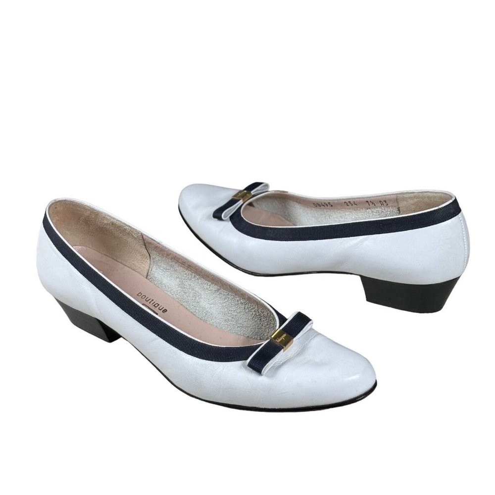 Salvatore Ferragamo White and Navy Bow Low Heel Pumps